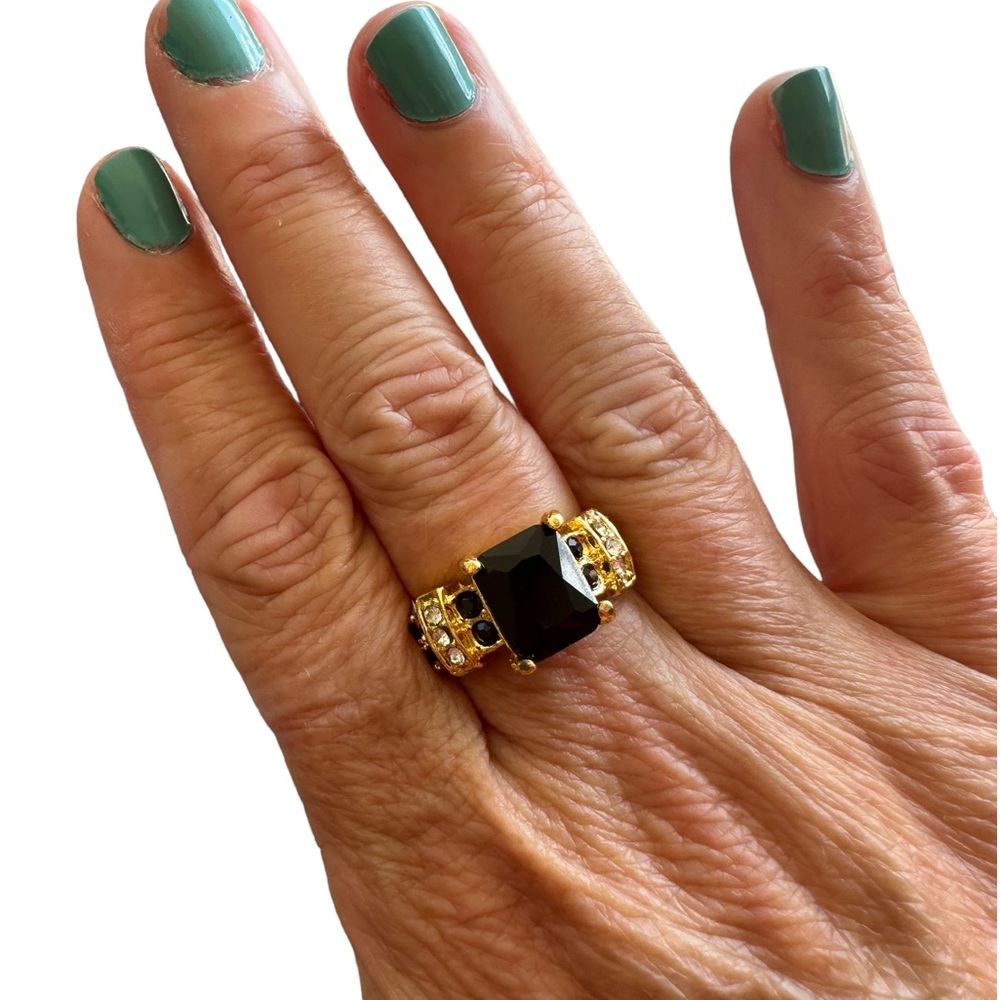 Gold Ring with Black Block Stone and Rhinestone Accents